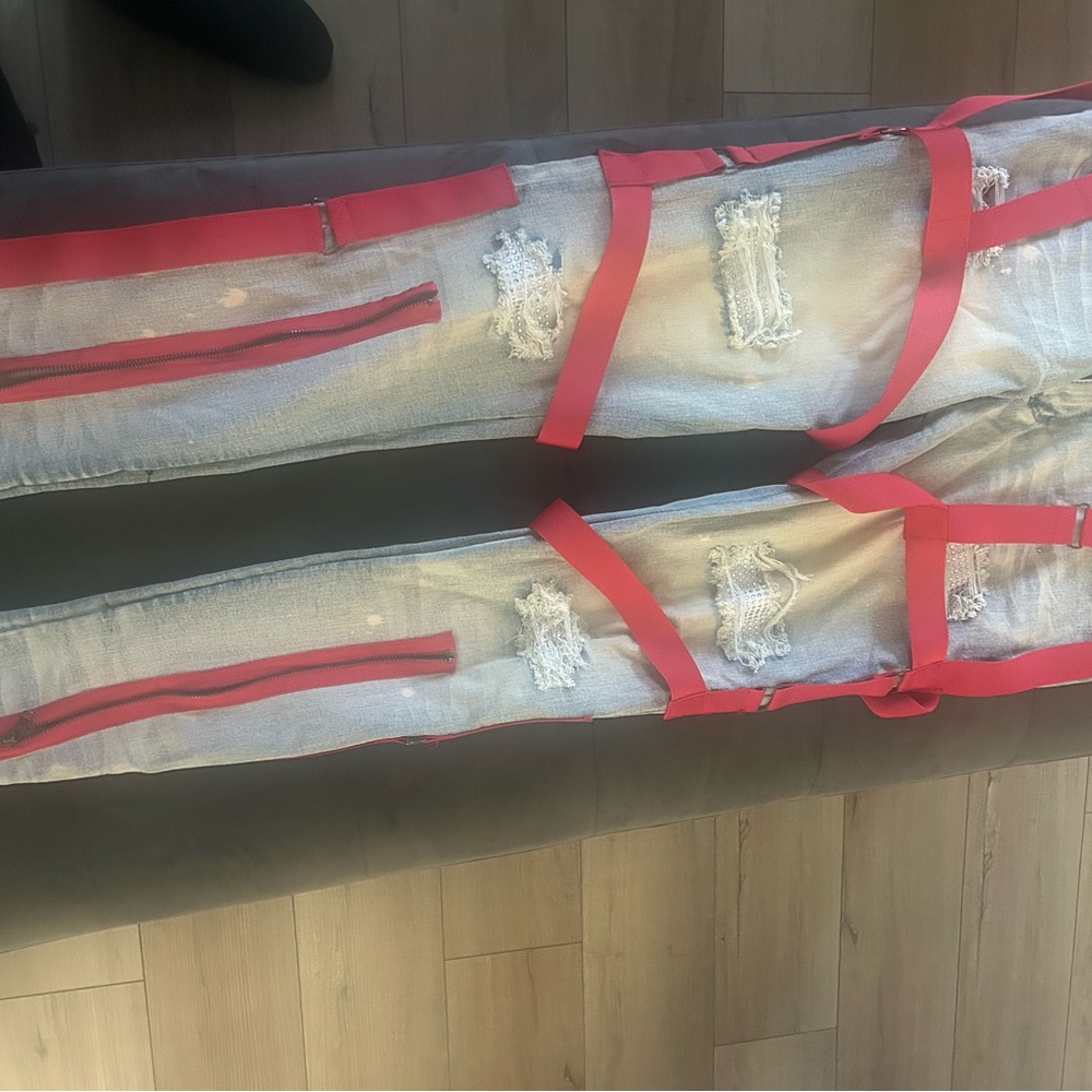 Men's Distressed Straight Jeans with Red Accents